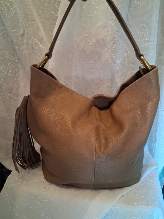 HOBO Handbags - HOBO Harley Pebbled Leather Shoulder Hobo Bag with Tassel In Cedar Sagebrush